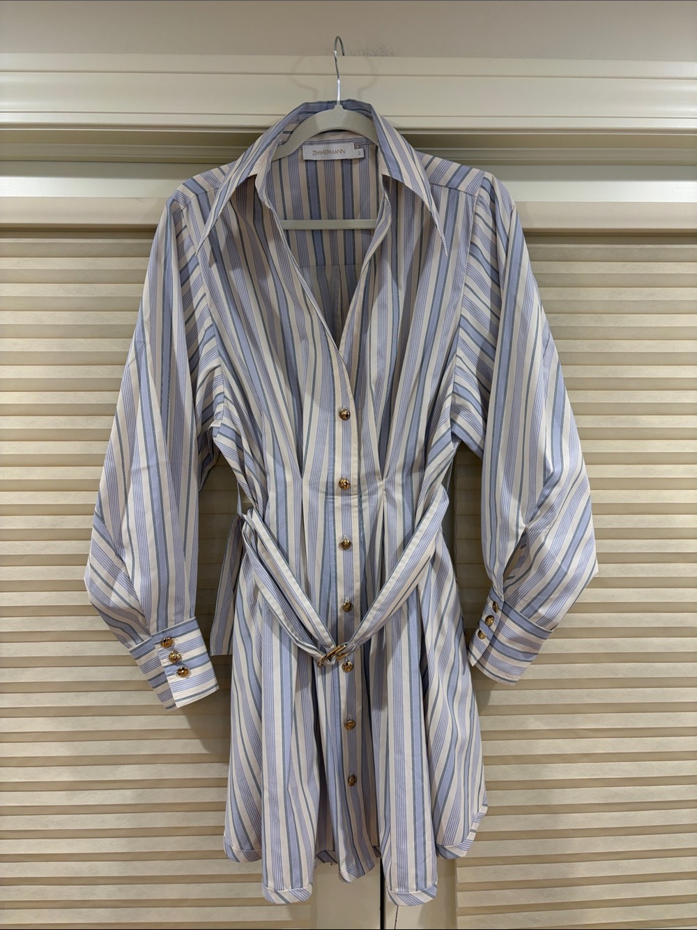 NWOT Zimmermann Striped Belted Shirt Dress in Light Gray/Cream, Size AU 0/1/2/3